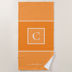 Minimalist Orange Monogram Personalized Beach Towel