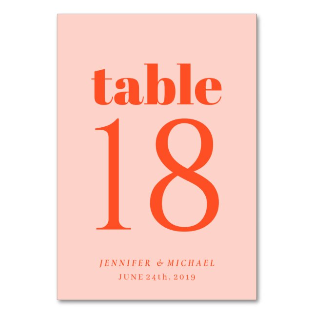 Minimalist Orange Pink Simple Wedding Seating Table Number (Front)