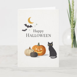 Minimalist Orange Pumpkin Black Cat Halloween Card