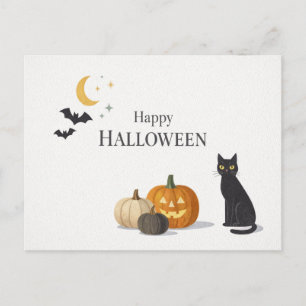Minimalist Orange Pumpkin Black Cat Halloween  Holiday Postcard