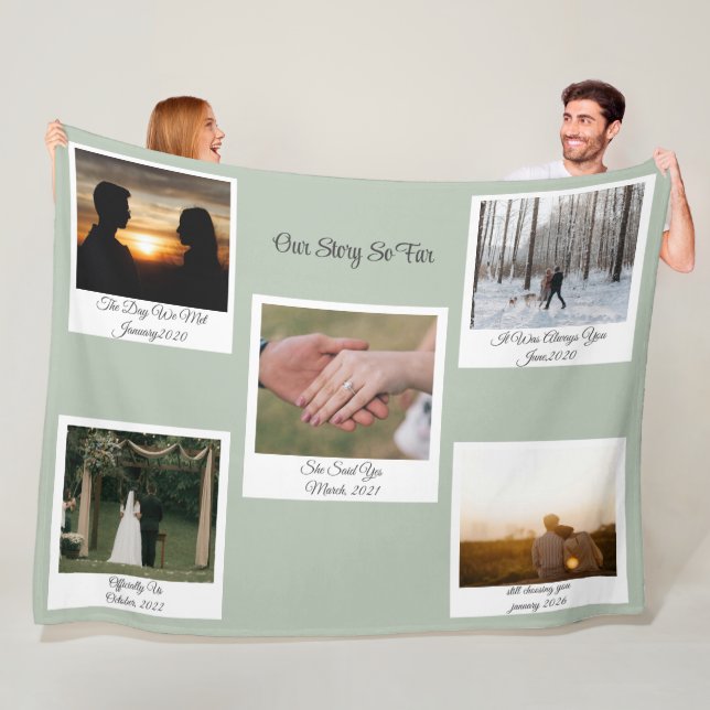 Minimalist Our Story Photo Timeline 5 Polaroid Fleece Blanket (In Situ)