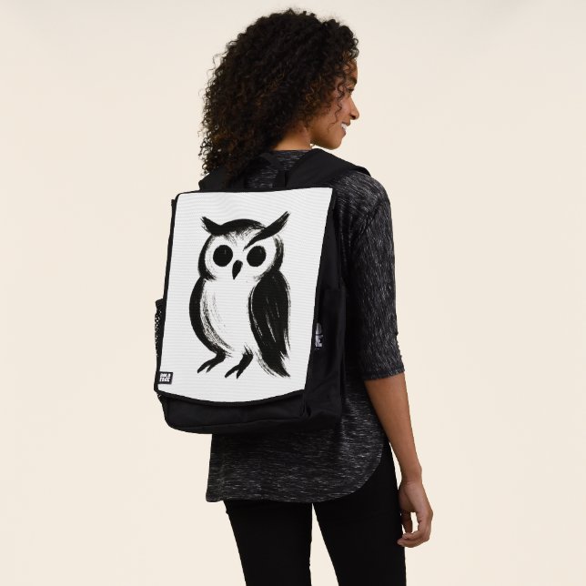 Minimalist Owl – Ink Brush Animal Illustration on  Backpack (Worn)