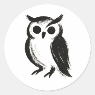Minimalist Owl – Ink Brush Animal Illustration on  Classic Round Sticker