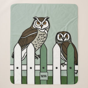 Minimalist owls on a fence monogram sherpa blanket