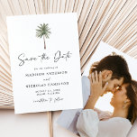 Minimalist Palm Tree Photo Wedding Save The Date<br><div class="desc">Tropical wedding save the date cards featuring a single palm tree illustration at the top of the design. Personalize the palm tree save the date with your names and wedding details in black lettering with a modern hand-lettered script accenting the design. The simple tropical save the date card reverses to...</div>