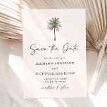 Minimalist Palm Tree Wedding Save The Date<br><div class="desc">Tropical wedding save the date cards featuring a single palm tree illustration at the top of the design with an ivory background. Personalize the palm tree save the date with your names and wedding details in black lettering with a modern hand-lettered script accenting the design. The simple tropical save the...</div>