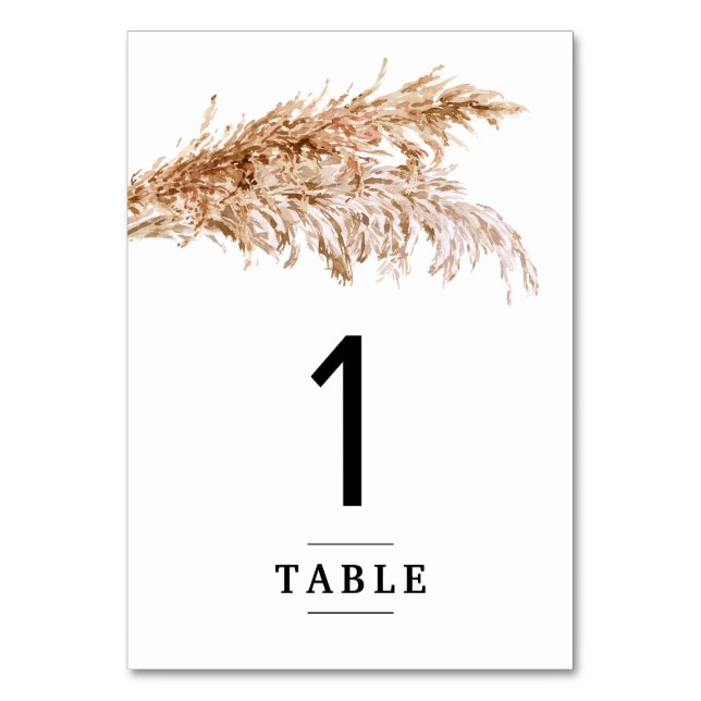 Minimalist Pampas Grass Wedding Table Number Card (Front)