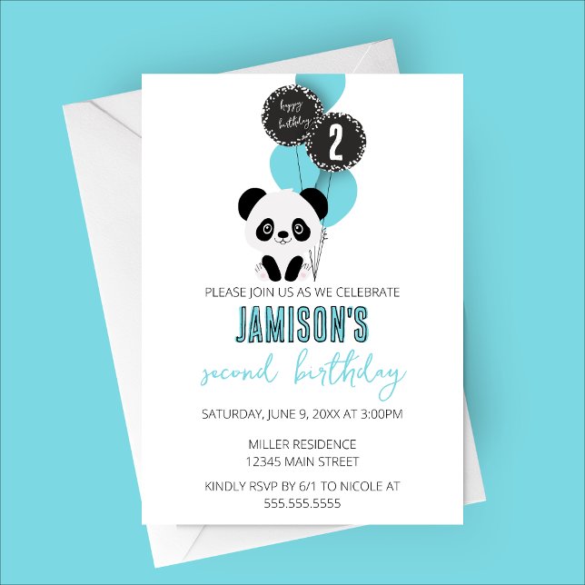 Minimalist Panda Bear Birthday Party Invitatoin Invitation (Minimalist Panda Birthday Party Invitation with Blue Balloons)