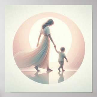 Minimalist Pastel Art of Mom with Baby Poster