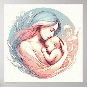 Minimalist Pastel Art of Mom with Baby Poster