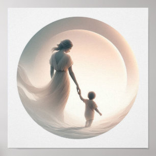 Minimalist Pastel Art of Mom with Baby Poster