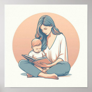 Minimalist Pastel Art of Mom with Baby Poster