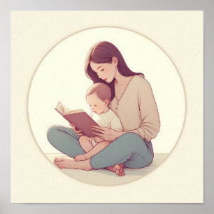 Minimalist Pastel Art of Mom with Baby Poster