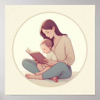 Minimalist Pastel Art of Mom with Baby Poster