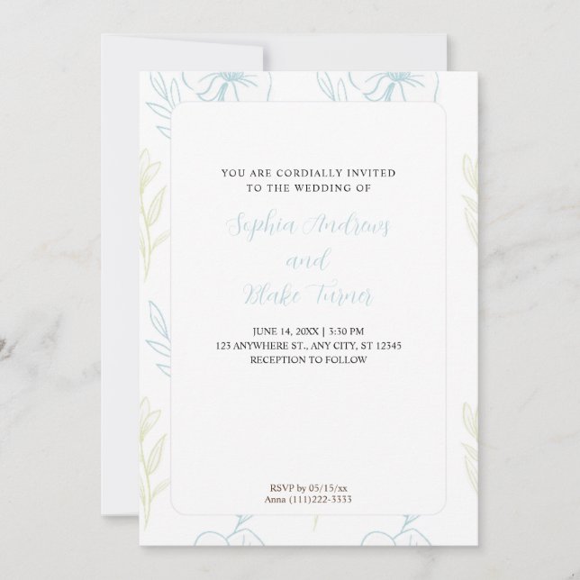 Minimalist Pastel Blue and Green Floral Wedding Invitation (Front)