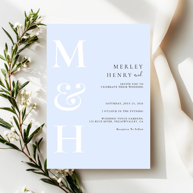 Minimalist Pastel Blue White Monogram Wedding Invitation (Creator Uploaded)