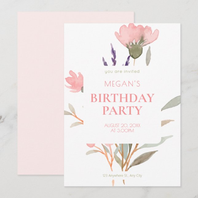 Minimalist Pastel Floral Watercolor birthday Invitation (Front/Back)