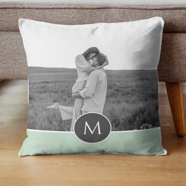 Minimalist Pastel Mint Personalized Name & Photo Throw Pillow (Creator Uploaded)