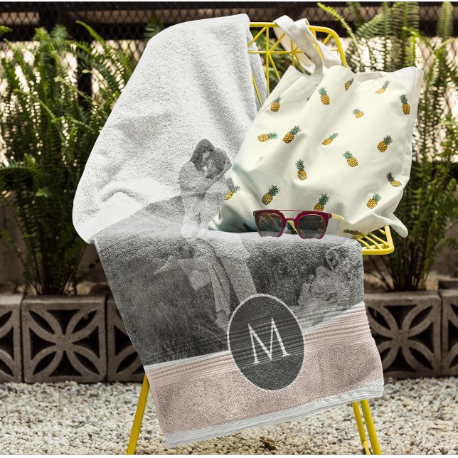 Minimalist Pastel Pink Personalized Name & Photo Beach Towel (Creator Uploaded)