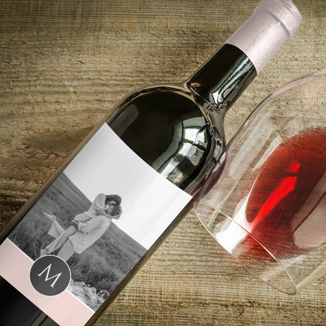 Minimalist Pastel Pink Personalized Name & Photo Wine Label (Creator Uploaded)