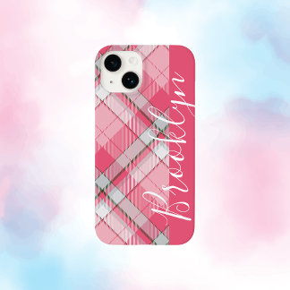 Minimalist Pastel Pink Plaid Custom Name Case-Mate iPhone 14 Case
