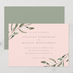 Minimalist Pastel Pink Sage Green Branches Wedding Invitation