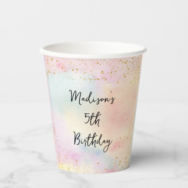 Minimalist Pastel Rainbow Gold Birthday Paper Cups (Front)