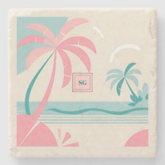 Minimalist pastel tropical beach pink and teal  stone coaster
