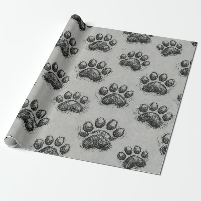 Minimalist Paw Print Sketch Pattern (1) Wrapping Paper (Unrolled)