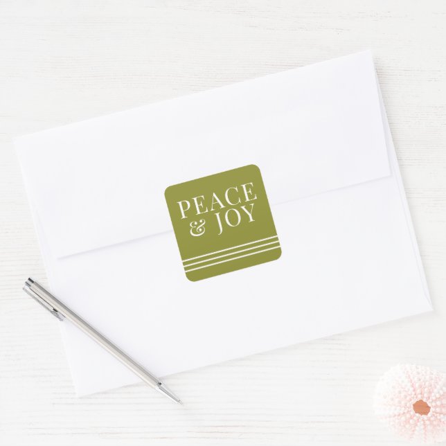Minimalist Peace And Joy Green White Christmas Square Sticker (Envelope)
