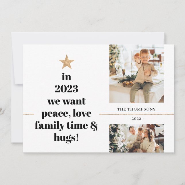 Minimalist Peace Love & Finally Hugs Multi Photo Holiday Card (Front)
