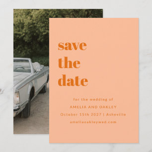 Minimalist Peach Orange Retro Simple Wedding Photo Save The Date