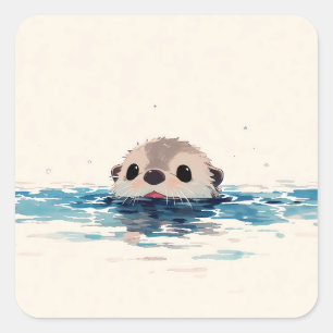 Minimalist Peeking Otter in Blue Water Square Sticker