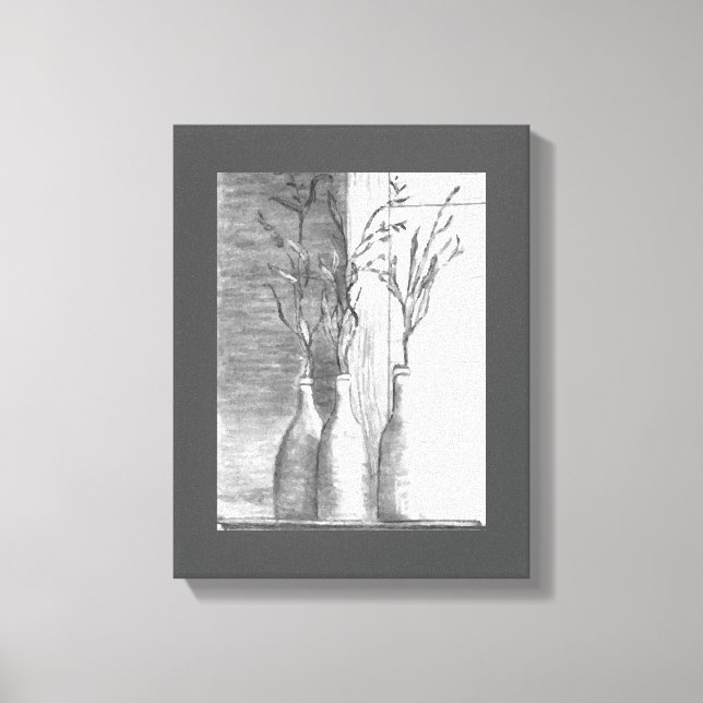 Minimalist Pencil Sketch Black White Flowers  Canvas Print (Front)