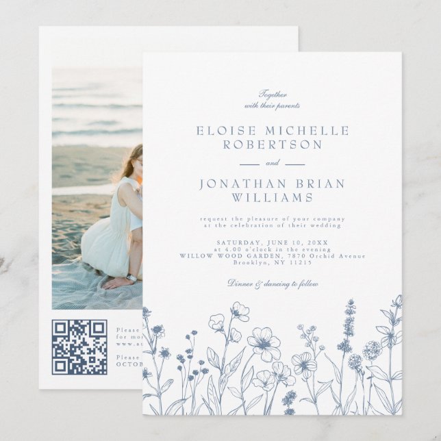 Minimalist Periwinkle Wildflower Details Wedding Invitation (Front/Back)