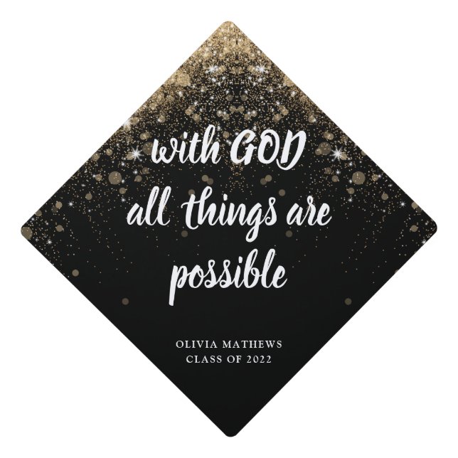 Minimalist Personalize Bible Verse Black Gold Grad Graduation Cap Topper (Front)