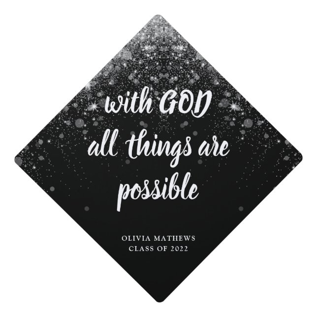 Minimalist Personalize Bible Verse Black Silver Graduation Cap Topper (Front)