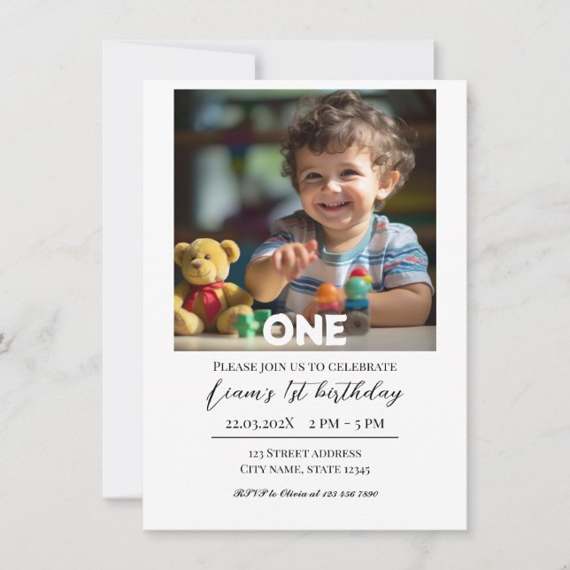 Minimalist Personalized First Birthday Invitation (Front)