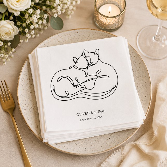 Minimalist Personalized Pet Cat Wedding  Napkin (Customize with names & wedding date. Add  other text between the square symbols if you wish)