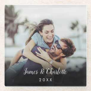 Minimalist Personalized Photo Script Name Date Glass Coaster