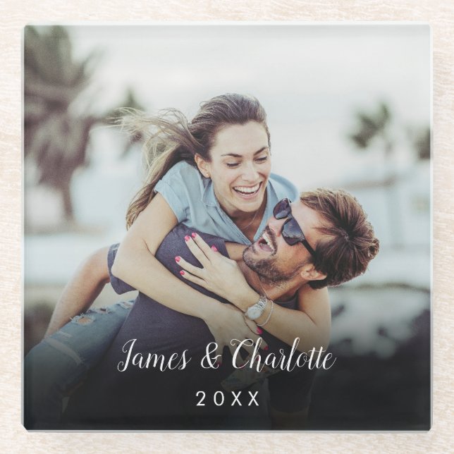 Minimalist Personalized Photo Script Name Date Glass Coaster (Front)