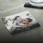 Minimalist Personalized Photo Script Name Date Square Paper Coaster<br><div class="desc">Personalize with your favourite photo featuring your names and the year,  creating a unique memory for your wedding guests. Designed by Thisisnotme©</div>