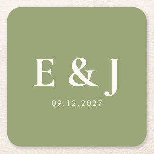 Minimalist Personalized Sage Green Wedding Square Paper Coaster