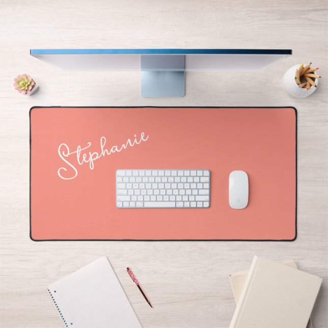Minimalist Personalized Script Name Coral Peach Desk Mat (Office 1)