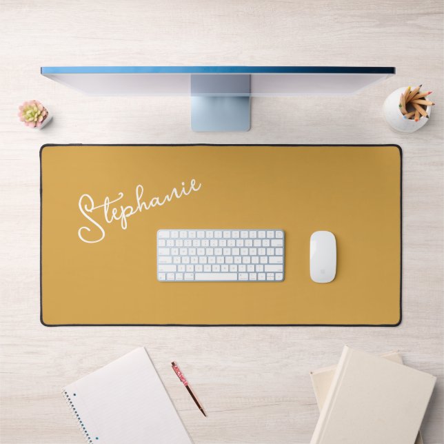 Minimalist Personalized Script Name Mustard Gold  Desk Mat (Office 1)
