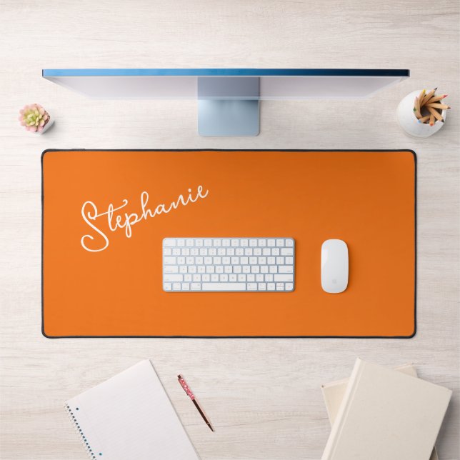 Minimalist Personalized Script Name Orange Desk Mat (Office 1)