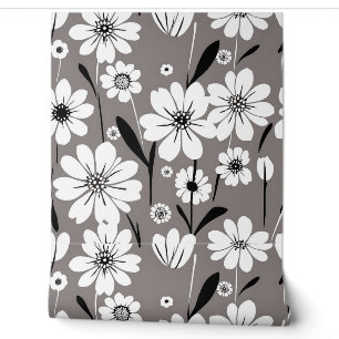 Minimalist Petals Pattern Wildflowers Black White Wallpaper