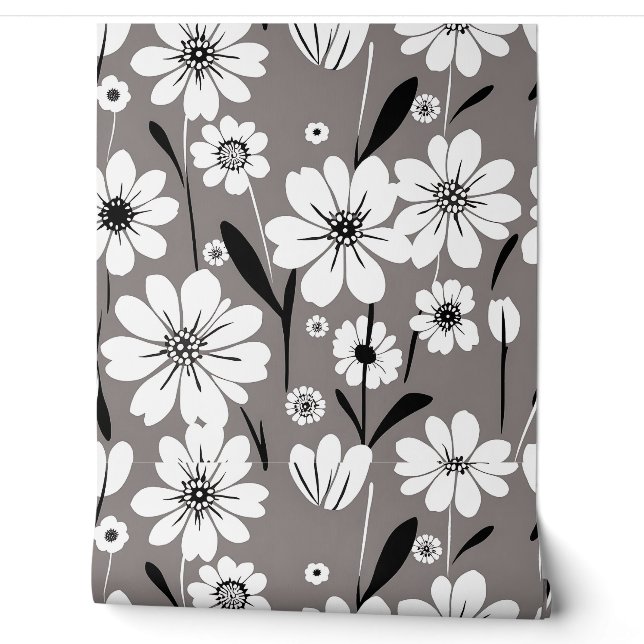 Minimalist Petals Pattern Wildflowers Black White Wallpaper (Unrolling)