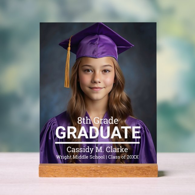 Minimalist Photo 8th Grade Graduation Announcement Acrylic Sign (Neutral)