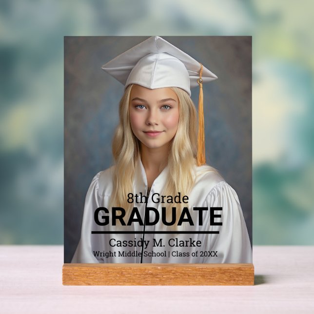 Minimalist Photo 8th Grade Graduation Announcement Acrylic Sign (Neutral)